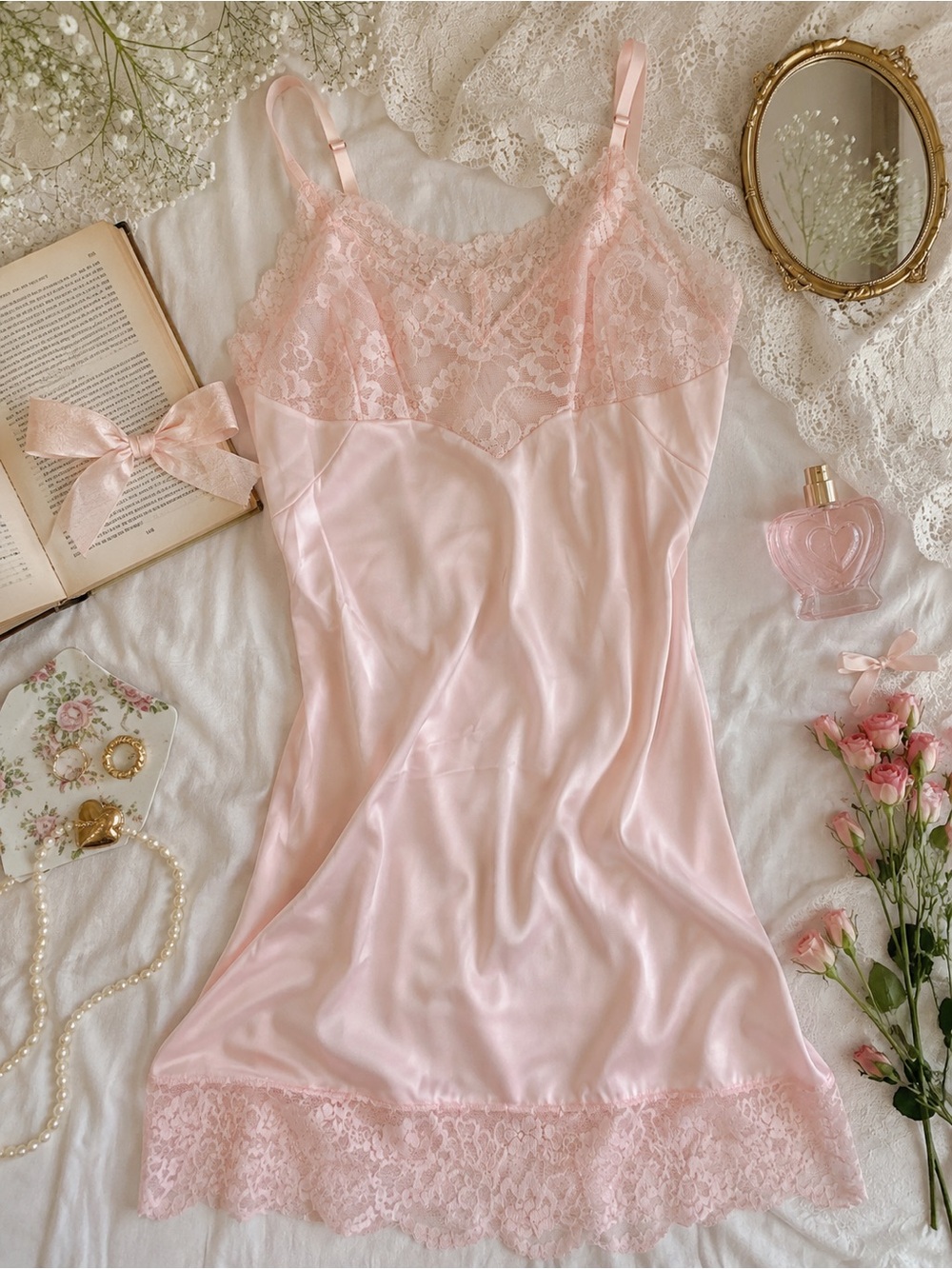 Vintage Vanity Fair Pink Lace Slip Dress Nylon Lingerie Nightgown Coquette Girl
